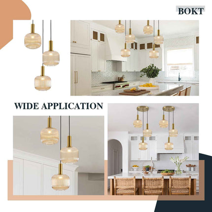BOKT Gold Cluster Globe Glass Ceiling Chandelier 3-Light Amber Hanging Pendant Light Brushed Brass Dining Room Chandelier Stair Adjustable Hanging Light Fixture for Corridor Entryway