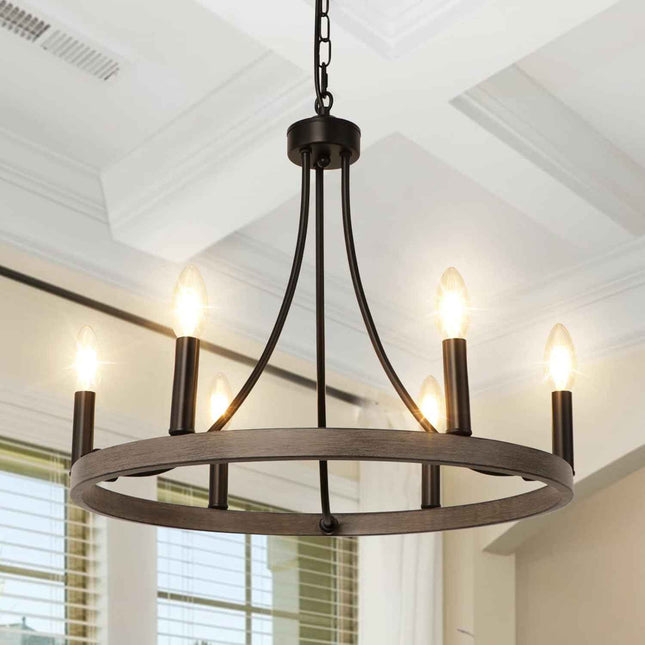 WBinDX Wagon Wheel Chandelier, 6 Lights Farmhouse Chandelier Black Faux Wood Met