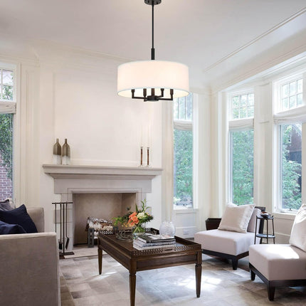 XiNBEi Lighting Drum Chandelier, Farmhouse 4 Light Pendant Light with White Fabr