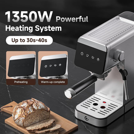 AMZCHEF 20 Bar Espresso Machine, Compact Stainless Steel Coffee Maker with LED Touch Screen & Milk Frother, Nickel