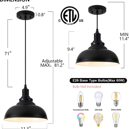ALAISLYC 3 Pack Farmhouse Pendant Light Black Pendant Lighting for Kitchen Islan