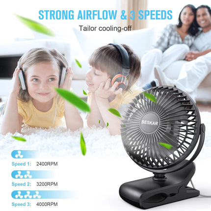 BESKAR USB Powered Clip on Fan, Portable Small Fan with Cord, 3 Speeds