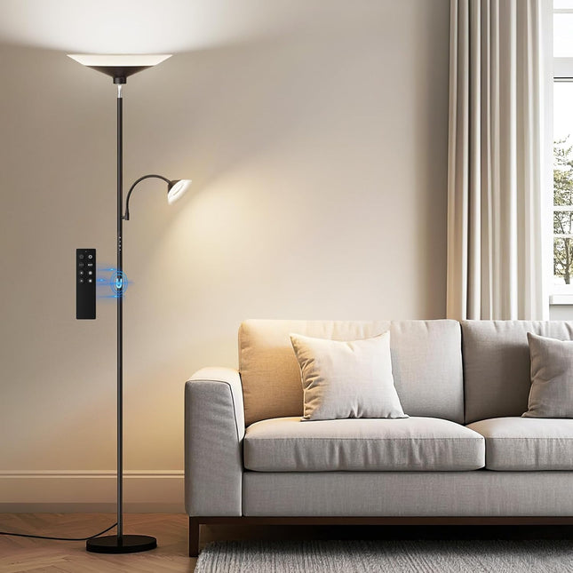 SIBRILLE 2-in-1 Torchiere Floor Lamp, 34W Dimmable Modern Standing Lamp with Gooseneck Reading Light & Magnetic Remote