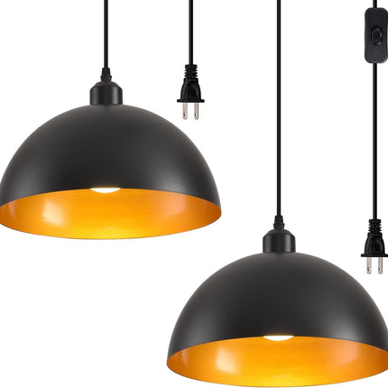 Plug in Pendant Light, 2 Pack Industrial Hanging Lamp with Golden Finish Inside