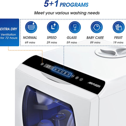 AIRMSEN AE-TDQR03 Countertop Portable Dishwasher, Compact Mini Dishwasher with 5
