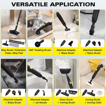 TVD Steam Cleaner for Home, 5-Bar with 1.5L Tank & 26 Accessories, 320°F Chemical-Free Deep Cleaning, 1800W, Yellow