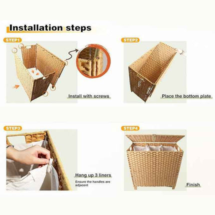 214 L Wicker Laundry Hamper with Lid 3 Section, Extra Large HandWoven Synthetic