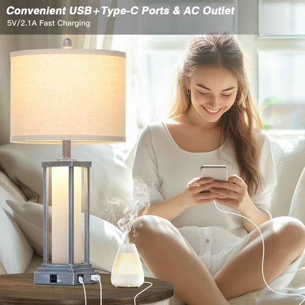 Cinkeda 27" Tall Vintage Table Lamp Set of 2 with USB C+A & Outlet,Gray Nightsta