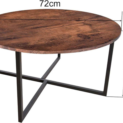 Round Living Room Coffee Table with X Base Metal Frame, Accent Furniture for Home Office, Black+Brown