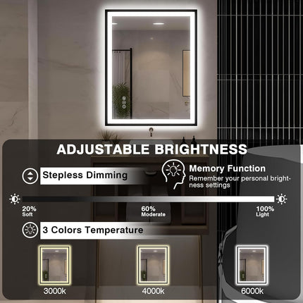 EchosLife 30x36 LED Bathroom Mirror with Lights - Black Framed, Front and Backli