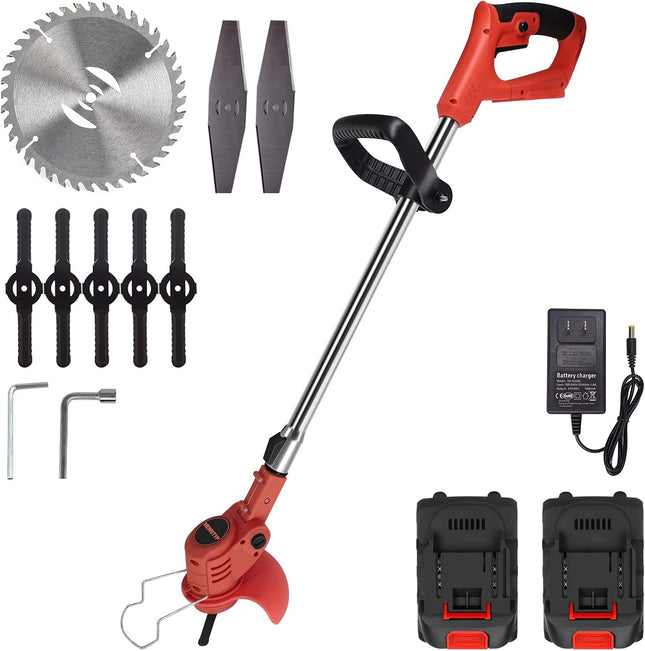 NEWSTYP Cordless Electric Grass Trimmer and Brush Cutter, 6 Inch Cut, 6000 RPM, 90 Degree Adjustable Head, 2 Batteries Included
