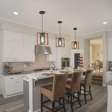 Black Farmhouse Pendant Light,1-Light Small Chandelier,Wood Dining Room Light Fi