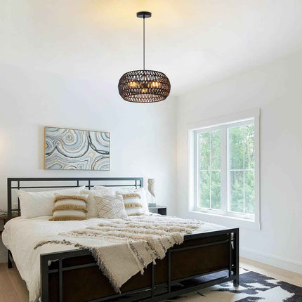 Black Rattan Light Fixture Drum Pendant Light Dinning Room Lighting Boho Chandel