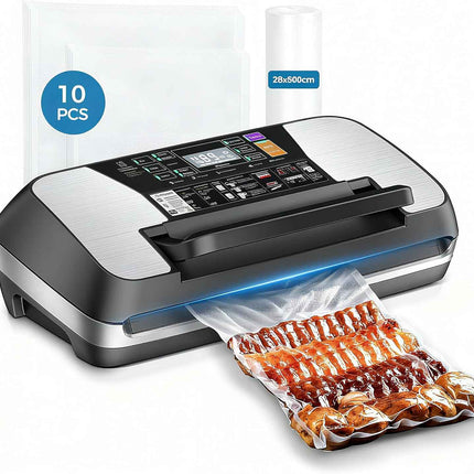 95 kPa Vacuum Sealer Machine, Food Sealer 10-IN-1 Modes Powerful Full Automatic Food Vacuum Sealing Machine with Cutter,1 Bag Roll,10 Pre-cut Bags and Accessory Hose Fully Starter Kits