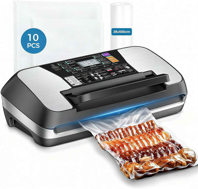 95 kPa Vacuum Sealer Machine, Food Sealer 10-IN-1 Modes Powerful Full Automatic Food Vacuum Sealing Machine with Cutter,1 Bag Roll,10 Pre-cut Bags and Accessory Hose Fully Starter Kits