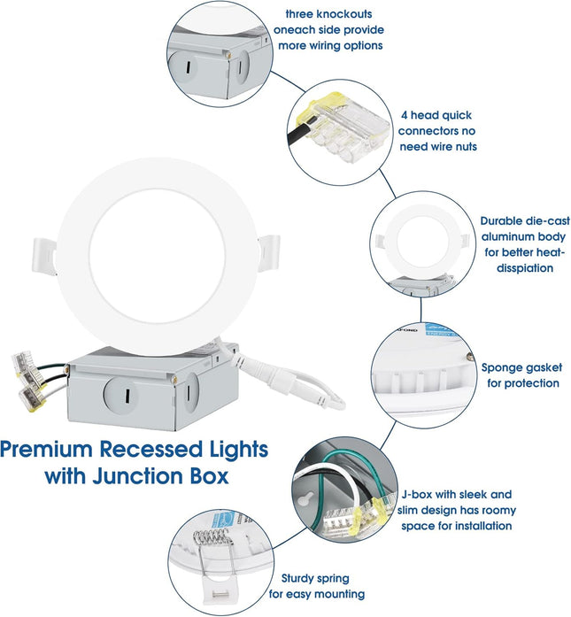 INCARLED 4Inch 5CCT LED Recessed Slim Pot Light with Junction Box, 2700K-5000K C