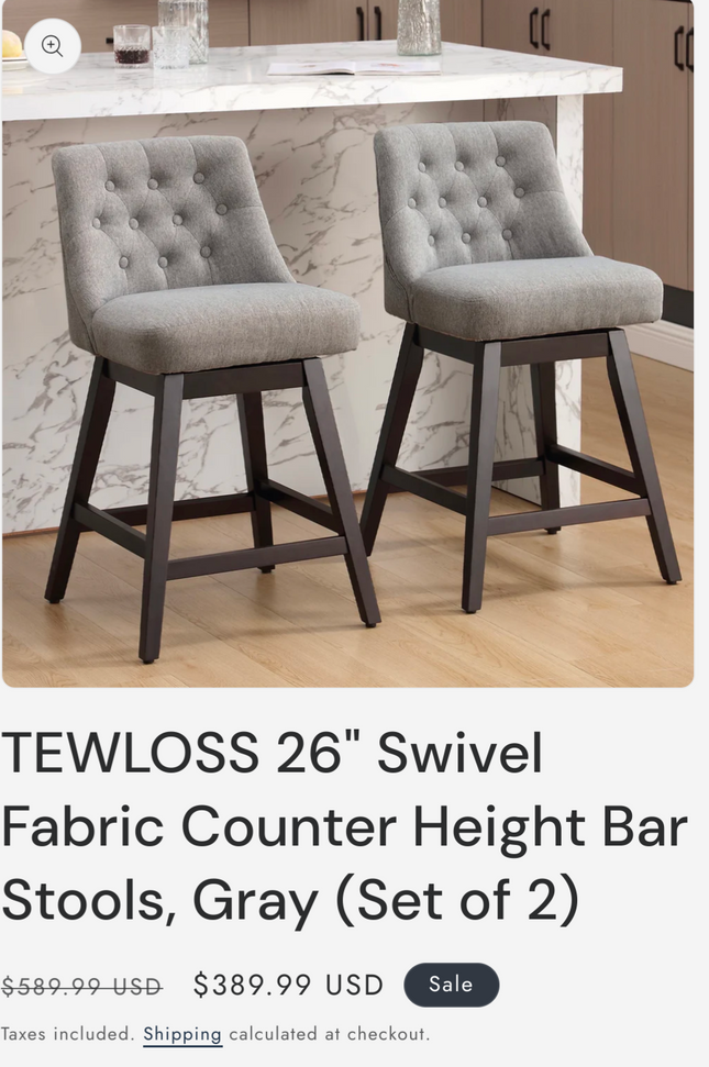 TEWLOSS 26" Swivel Fabric Counter Height Bar Stools, Gray (Set of 2)