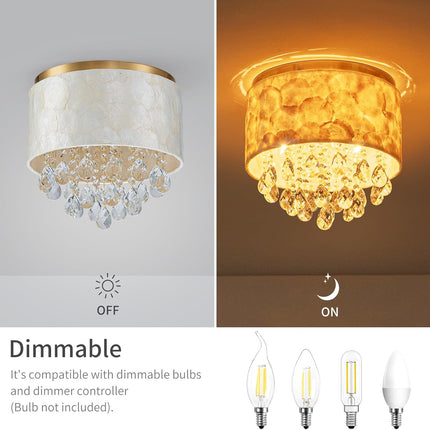 LumFurn 3-Light Drum Capiz Shell K9 Crystal Ceiling Light, Coastal Flushmount Li
