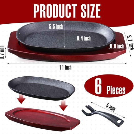 Mifoci 6 Pcs Oval Cast Iron Fajita Skillet Pan Set Small Sizzling Steak Plate wi