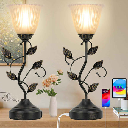 Touch Lamps for Nightstand Set of 2, Stripe Glass Shade Blossoming Bedside Lamp