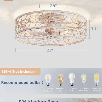 LEDIARY 23 Inch Caged Ceiling Fans with Lights, White Flush Mount Ceiling Fan wi
