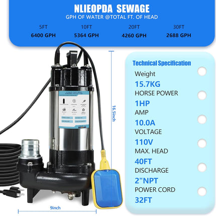 1HP Sewage Grinder Pump Submersible Effluent Pump, Sump Pump 110V 6400GPH with A