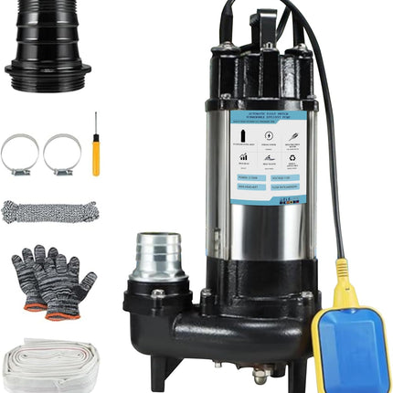 1HP Sewage Grinder Pump Submersible Effluent Pump, Sump Pump 110V 6400GPH with A