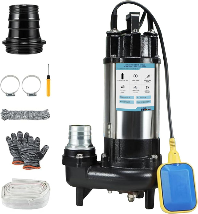 1HP Sewage Grinder Pump Submersible Effluent Pump, Sump Pump 110V 6400GPH with A