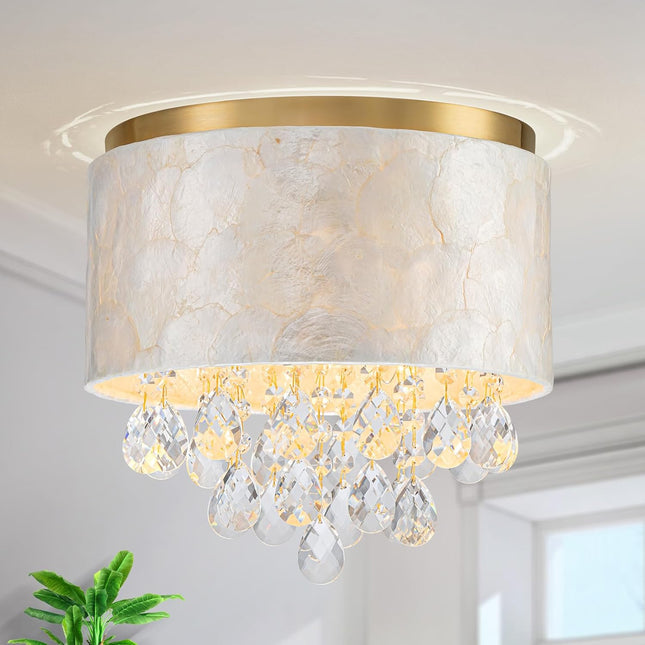 LumFurn 3-Light Drum Capiz Shell K9 Crystal Ceiling Light, Coastal Flushmount Li