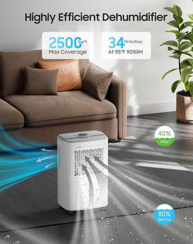 Dehumidifier for Home Basement Max 34 Pint 2500 Sq.Ft Small Quiet Portable Dehum