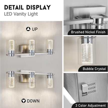 Eatich 3-Light Brushed Nickel Vanity Light, 3000K/4000K/6000K Crystal Bathroom L