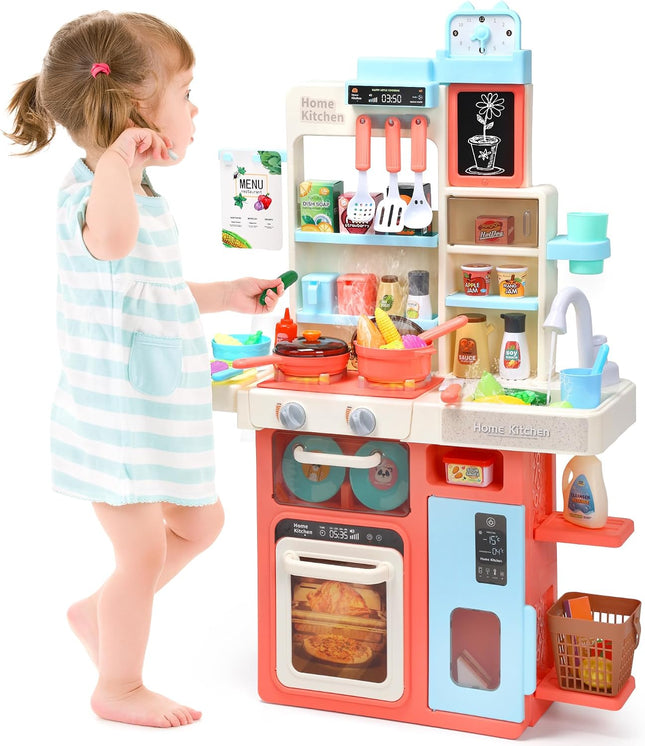 CUTE STONE Pretend Play Kitchen with Water Sink & Steam Stove, 63 Pieces with Light & Sound (No Instructions)