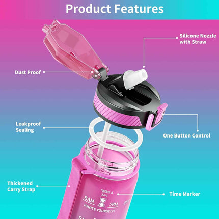 QLUR Water Bottle with Straw, 32oz Sports Motivational Water Bottle with Time Ma
