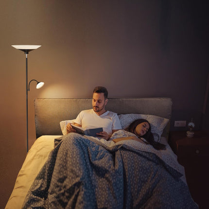 SIBRILLE 2-in-1 Torchiere Floor Lamp, 34W Dimmable Modern Standing Lamp with Gooseneck Reading Light & Magnetic Remote