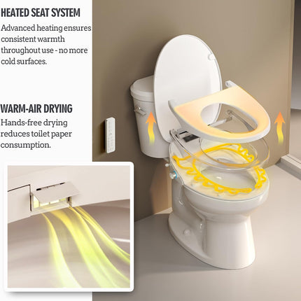 WLJBIDET O80KR Round Bidet Toilet Seat with Warm Water Wash & Air Drying, Heated Seat, Remote & Nightlight