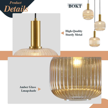 BOKT Gold Cluster Globe Glass Ceiling Chandelier 3-Light Amber Hanging Pendant Light Brushed Brass Dining Room Chandelier Stair Adjustable Hanging Light Fixture for Corridor Entryway