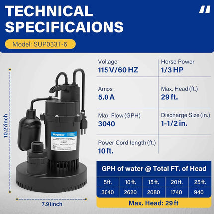 Acquaer 1/3HP Sump Pump, 3040GPH Submersible Clean/Dirty Water Pump with Automat