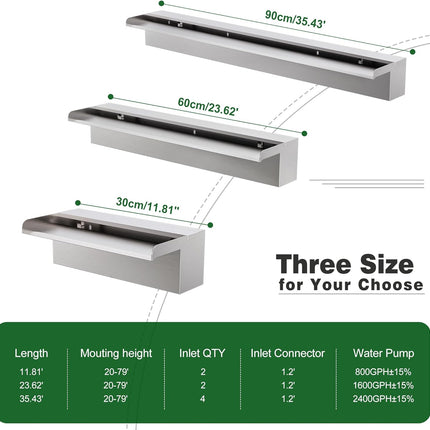 Waterfall Pool Fountain LONGRUNNEW 304 Stainless Steel 35.4" Rectangular Waterfa