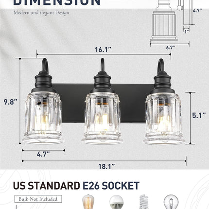 HWH 3-Light Matte Black Bathroom Vanity Light, 18 in Wall Fixture with Fluted Clear Glass Shades, ETL Listed