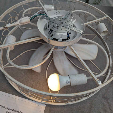 LEDIARY 23 Inch Caged Ceiling Fans with Lights, White Flush Mount Ceiling Fan wi