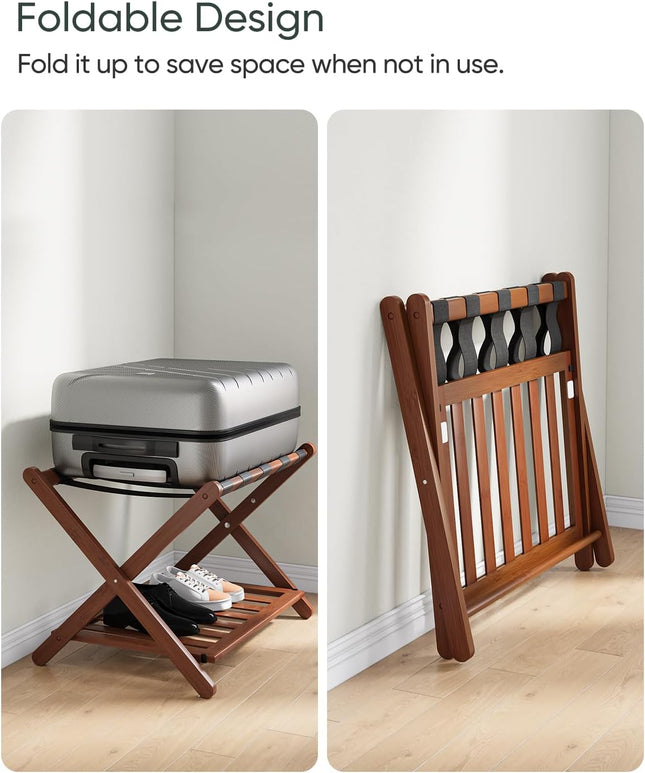 Set of ONE !! Smart FENDEE Fully Assembled Walnut Luggage Racks , 5 Nylon Straps Foldi