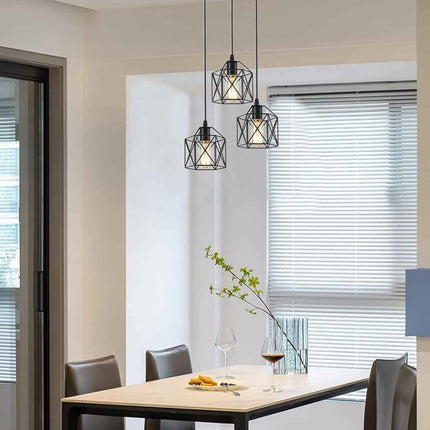 CADELON Black Pendant Light, Industrial 3 Light Pendant Lighting, Cage Metal Far