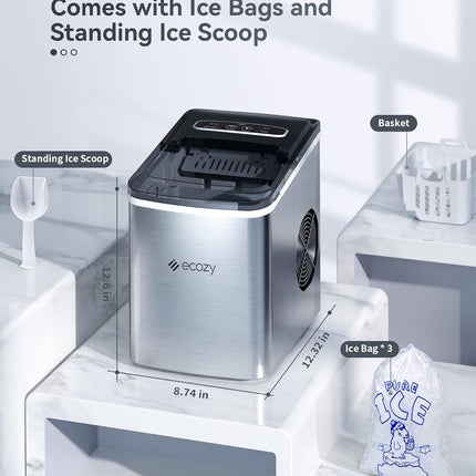 ecozy Portable Ice Maker Countertop, 9 Cubes Ready in 6 Mins, 26.5 lbs in 24 Hou