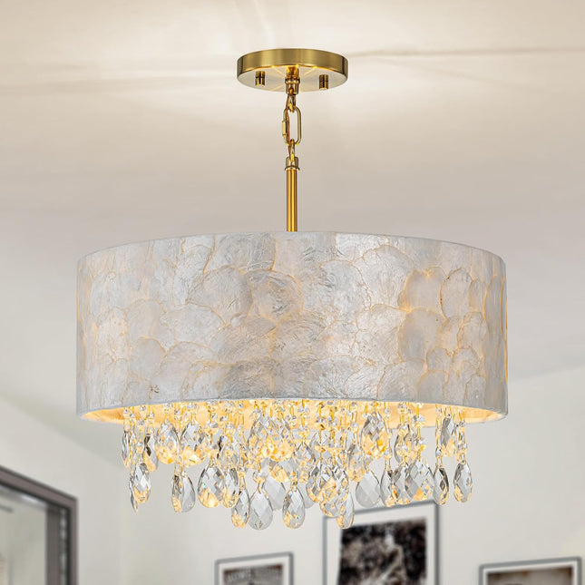 LumFurn 4-Light Capiz Shell Drum Crystal Chandeliers, Perfect Light Fixture for