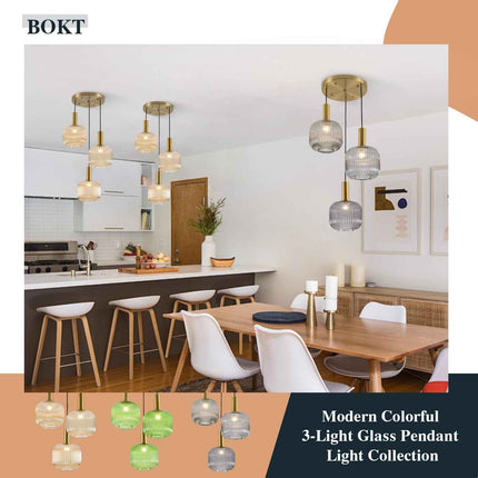 BOKT Gold Cluster Globe Glass Ceiling Chandelier 3-Light Amber Hanging Pendant Light Brushed Brass Dining Room Chandelier Stair Adjustable Hanging Light Fixture for Corridor Entryway