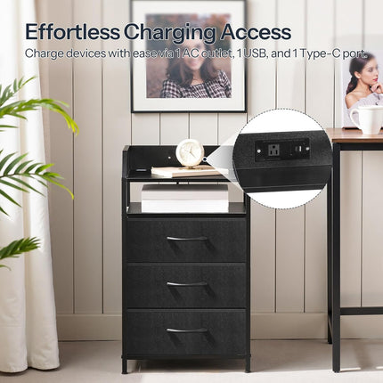 HOOBRO Nightstand with Charging Station, Bedside Table with AC Outlet, USB & Type-C, LED Light Strip, Fabric Drawer
