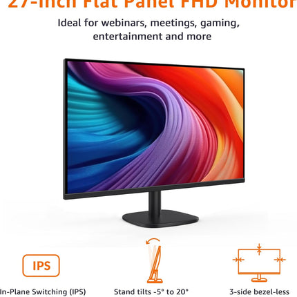Amazon Basics 27 Inch Monitor, FHD 1080P, Max 100Hz, VESA Compatible, Built-in S