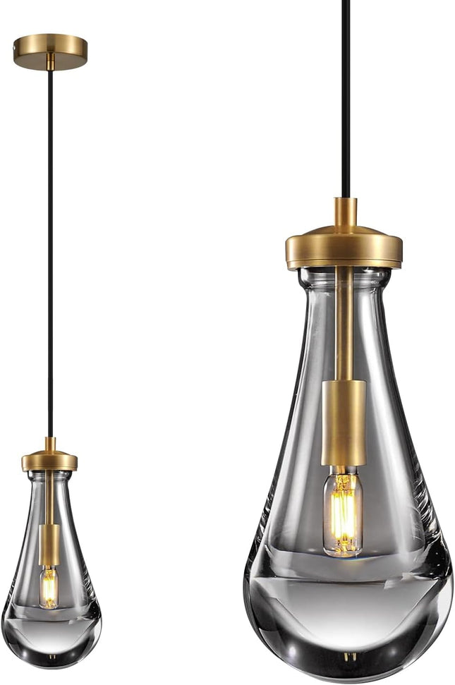 TACDANDM 4.92'' Gold Clear 1-Light Teardrop Glass Pendant Light Adjustable Moder
