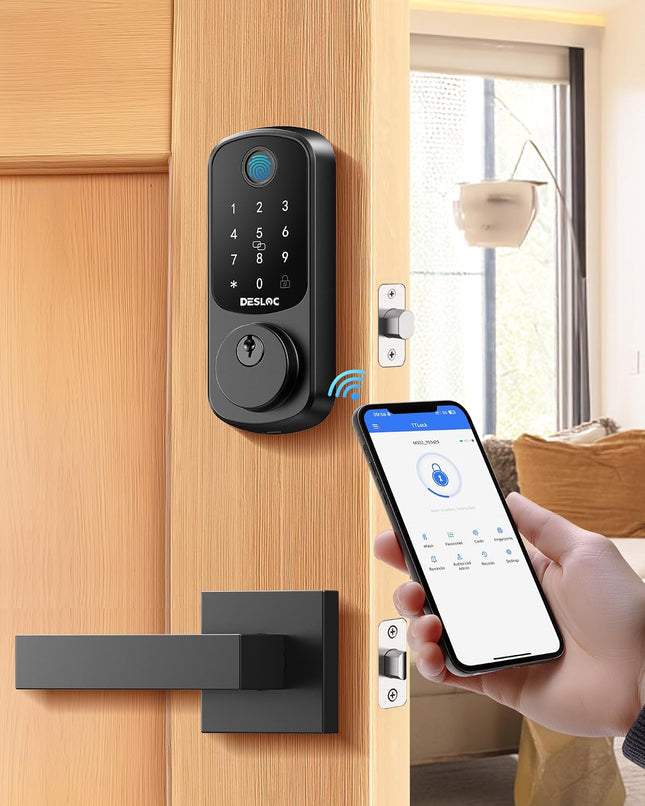 DESLOC B200 Fingerprint Smart Lock with 2 Lever Handles, Keyless Entry Deadbolt with App, Code & Key, IP54