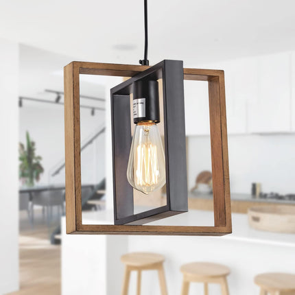Black Farmhouse Pendant Light,1-Light Small Chandelier,Wood Dining Room Light Fi